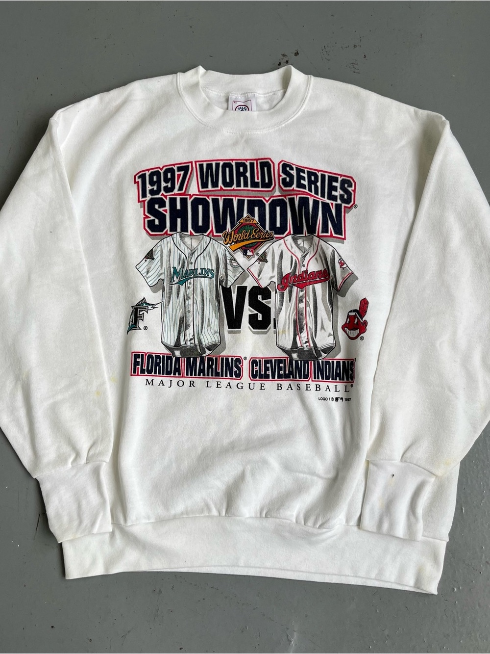 LOGO 7 White 1997 World Series Showdown Graphic Crewneck Sweatshirt